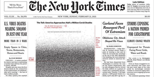 NYT COVID-19-өөр нас барсан хүмүүсийн дурсгалд зориулж 500 мянган цэг нийтэлжээ